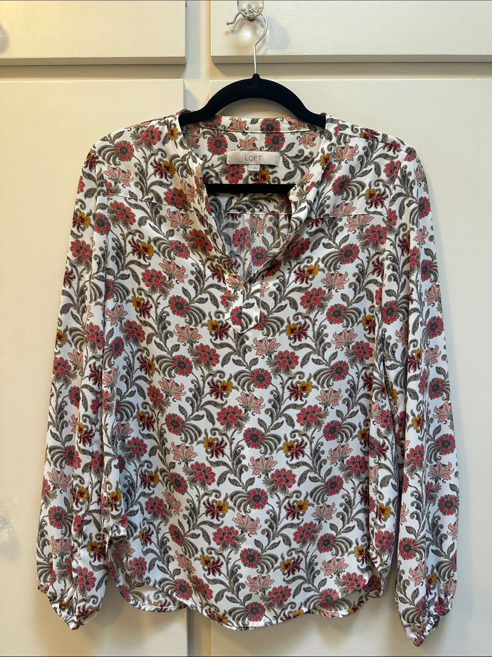 LOFT White Blouse with Pink and Olive Floral Print